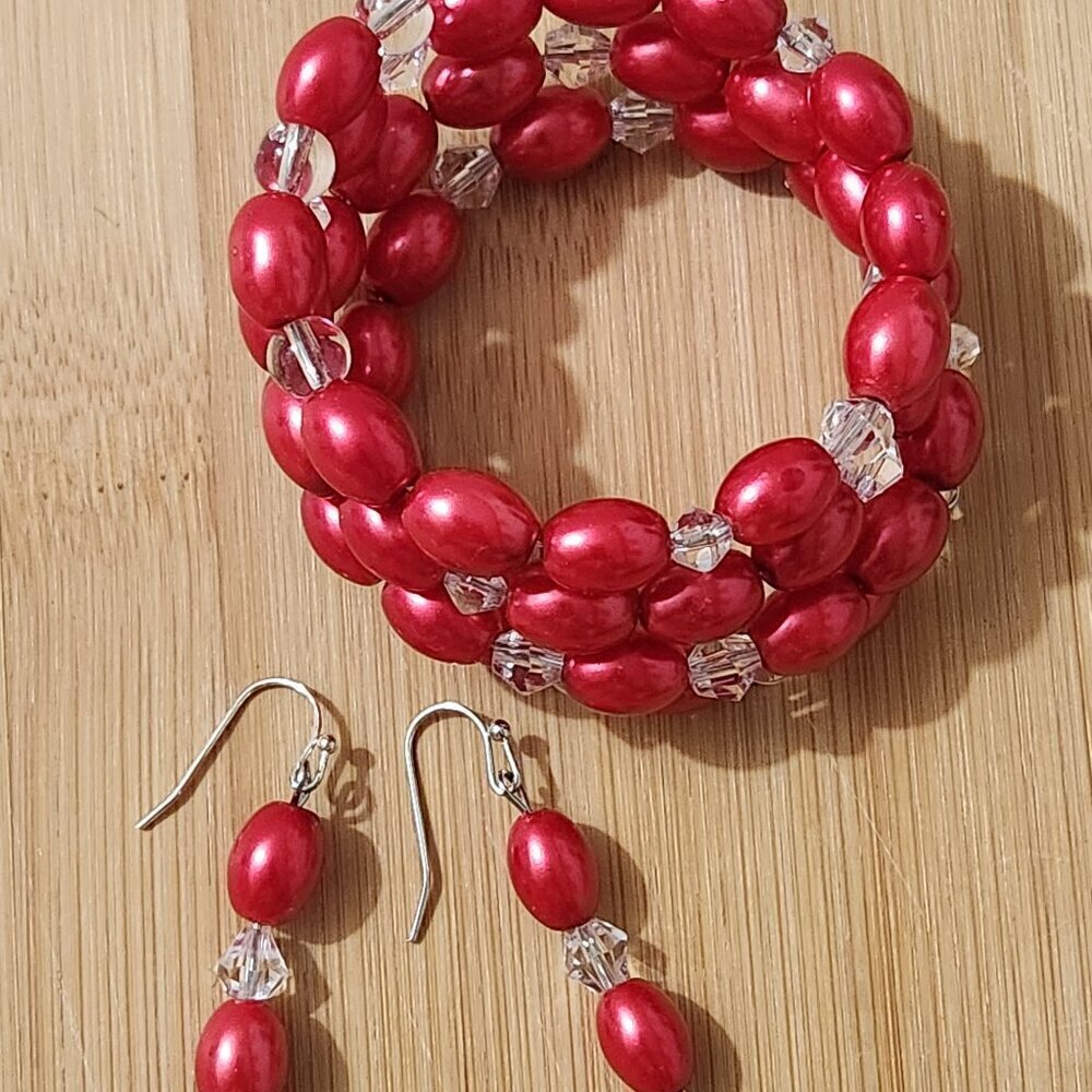Hand Crafted Pearl Wrap Bracelet Earrings Set Red Faux Pearls Clear Crystals